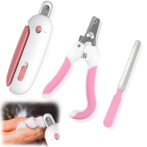HEUIOP Cat Nail Clippers with Safety Guard, Stainless Steel Cat Claw Clippers with Adjustable Aperture, Pet Nails Trimmer and Nail File, Pet Grooming Supplies for Cats, Dog, Small Animals (Pink)