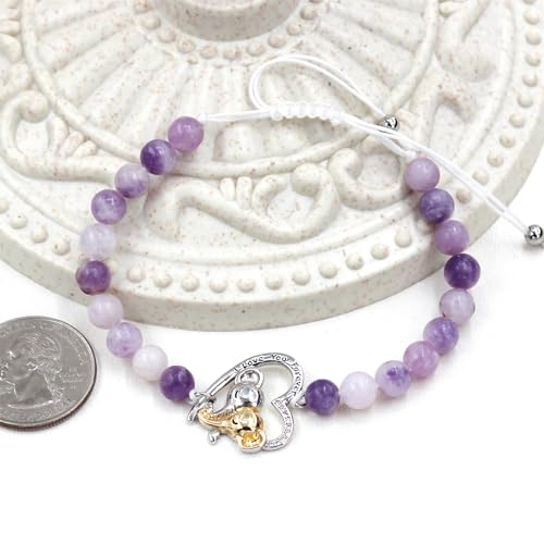 Image of Double Elephant Heart Charm Natural Crystal Bracelet, Treatment Stone Bracelet Calm Stretch Bracelet Women's Stress Relief Gift for Moms I Love You Couple Jewelry