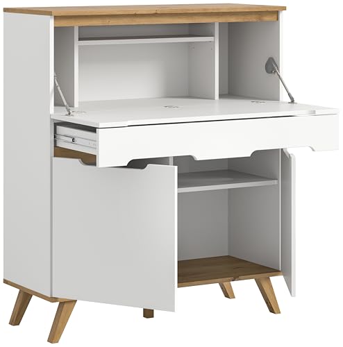 xonox.home Wohnzimmer Stockholm Sekretär Schreibschrank Schrank Stauraumschrank in weiß Absetzung Nox Oak, ca.100x118x40 cm