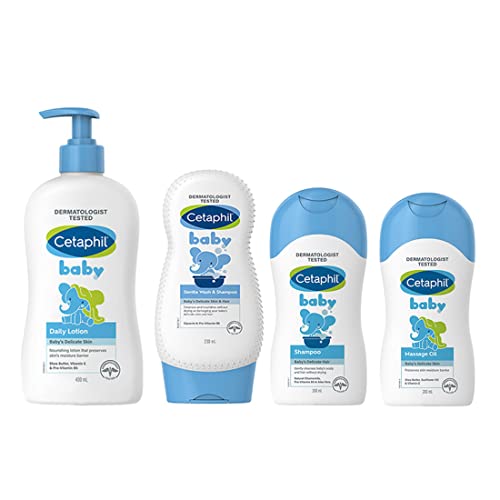 Image of Cetaphil Baby Daily Lotion, 400ml, Baby Shampoo and Wash, 230 ml, Shampoo-200 ml, and Massage Oil-200 ml (Pack of 4) - Combo