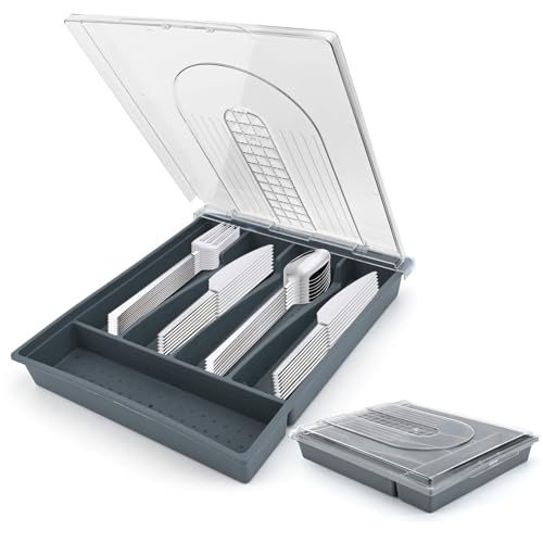 Ksheria Silverware Drawer with Lid, Silverware Tray Organizer, Larger Capacity Flatware and Cutlery Tray,5 Compartments Flatware Organizer Tray for Kitchen and Office Drawer Storage (Black)