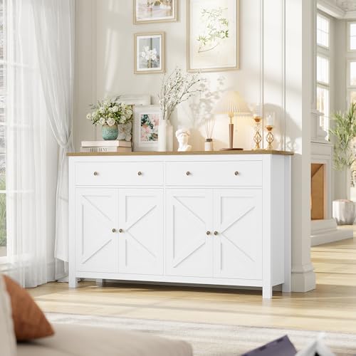 FirFurd 140cm Credenza Cucina con 2 Cassetti e 4 Ante, Mobile Soggiorno Moderno con Ripiani Rimovibilei e Regolabili, per Cucina, Soggiorno, Sala da Pranzo, Ingresso, 140x40x89cm, Bianco