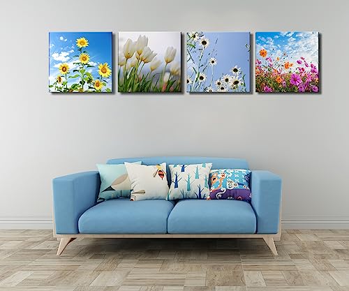 Image of Colorful Floral Canvas Wall Art for Bathroom Decor, Yellow,Purple and White Flowers Artwork Prints Modern Pictures Framed for Living Room Bedroom Office Decoration - 12 inch X 12 inchx4 Pieces