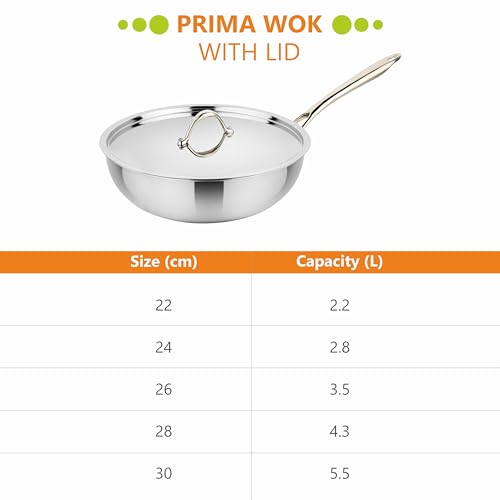 Image of Prabha Stainless Steel Prima Wok, Included Lid, Kadhai for Kitchen, 22cm, 2.2 L Capacity, Steel Wok with Stay Cool Handle, Induction and Gas Stove Compatible