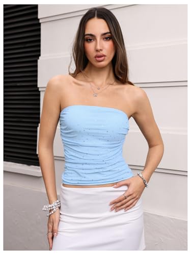Image of Floerns Women's Rhinestone Sleeveless Bandeau Party Corset Strapless Tube Sequin Top