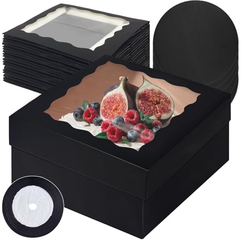 qiqee 12x12x6 Cake Box, 18 Sets Black Cake Box with Window ＆ 18 Sets 8" Cake Round Boards, 8inch Cake Containers, 10 Meters Silk Ribbon