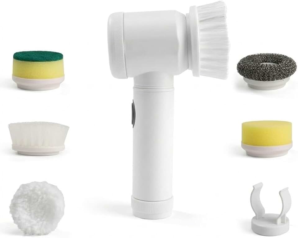 Escova de Limpeza Elétrica 5 em 1 Sem Fio Recarregável 360° – Remove Sujeira Pesada Sem Esforço, Ideal para Banheiro, Cozinha, Azulejo, Rejunte e Piso