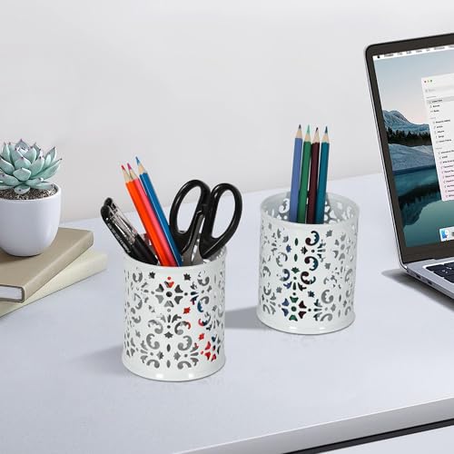 EasyPAG Metal 2-Piece Pen Holder Set Desk Accessories & Workspace Organizers for Classroom, School & Office,White