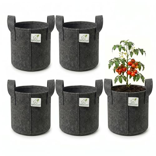 Image of 400 GSM Geo Fabric Round Grow Bags 10x10 Inch with Handle, Dark Grey Planting Bags for Terrace and Kitchen Gardening Pack of 5