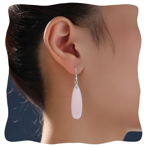 Rose Quartz Earrings Natural Stone Teardrop Shape Pink Dangle Earrings for Women Handmade Jewelry Healing Quartz Birthstone Earrings (Rose Quartz)