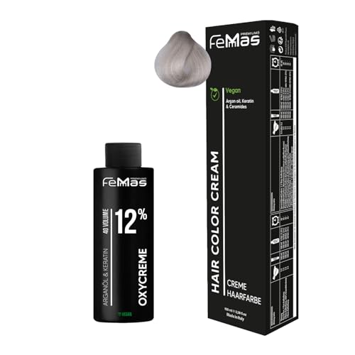 Femmas Set de tinte para el cabello extra rubio platino perla ceniza 12.81 I Hair Color Cream 100 ml + crema de óxido 100 ml 12% I coloración permanente del cabello + desarrollador I Suave y duradero