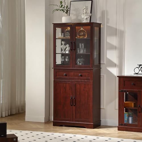 FOREST GRAVITY 71'' Tall Pantry Cabinet with Glass Doors,Modern Kitchen Pantry Cabinet with 3 Adjustable Shelves and a Drawer, LED for Better Showcase,for Dining Room and Kitchen,Wine Red