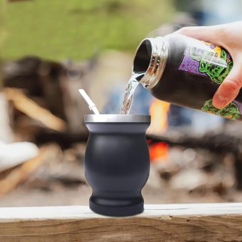 Image of Beruth 8oz Yerba Mate Cup Set, Double Wall 304 Stainless Steel Mate Gourd, Heat Insulated Mug & Anti-Scalding Design, Includes 2 Bombillas & Cleaning Brush (Black)