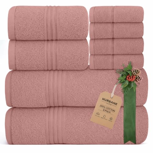 HURBANE HOME 8 Piece Bath Towels for Bathroom - 100% Cotton Soft Absorbent Bathroom Towels Set - 2 Extra Large Bath Towels 2 Hand Towels & 4 Washcloths - Hotel Spa Thick Plush Towel Rose Tan