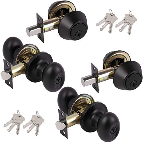 Probrico Entry Door Knobs with Double Cylinder Deadbolt Matte Black Oval Egg Shape Exterior Front Door Handleset Keyed Alike 6 Same Keys Per Set for Office Entrance Door Locks 2 Pack