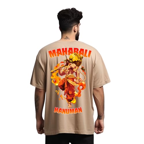 Image of prabhu bhakti Men's Oversized Mahabali Hanuman Printed T-Shirt |Back Print Drop Shoulder Pure Cotton Oversized Tshirt for Men