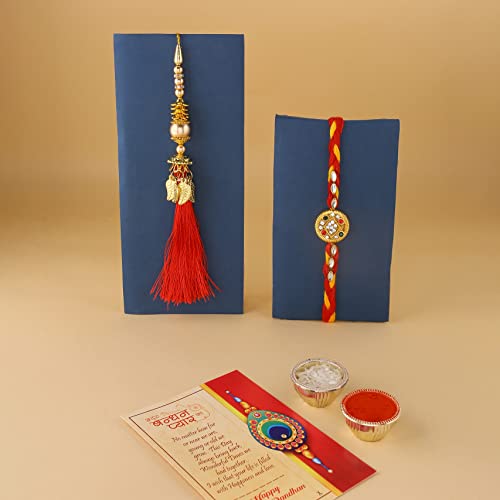 Image of CraftVatika Rakhi Gift for Brother and Bhabhi with Gift Chocolate Hamper - Red Floral Lumba Rakhi for Bhabhi with Miniature Gift