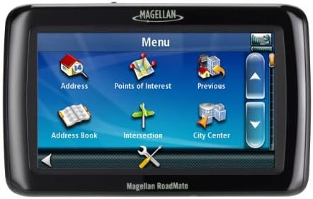 Magellan RoadMate 2055T-LM screen showing the main menu with options like Address, Points of Interest, Previous, Address Book, Intersection, and City Center.