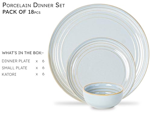 Image of Bodhi House Handcrafted Chip Resistance Porcelain Dinner Set, 18 Pieces Dish Set Serving for 6, Microwave and Dishwasher Safe, Bone-ash Free, Crockery Set for Dining and Gifting, Arctic Blue