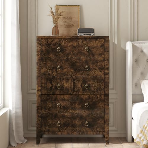 Image of AMERLIFE 49 inch Tall 5 Drawer Dresser with High Gloss Burl Wood Finish, Brown