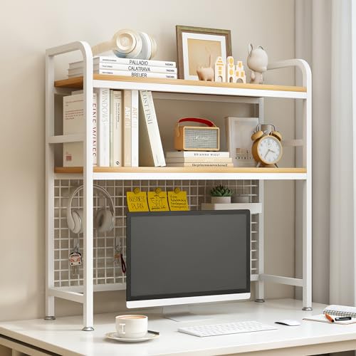 IOTXY 2-Tier Desktop Hutch Bookshelf - Metal Desk Shelf Bookcase with Grid Panel, Countertop Storage Organizer Rack for Dorm or Office, White, 37.4' W