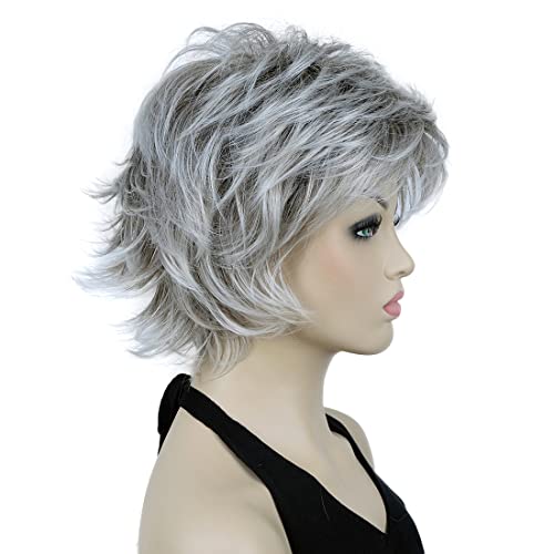 Lydell 8" Short Layered Shaggy Wavy Full Synthetic Wig (48T Light Gray with Dark Root)