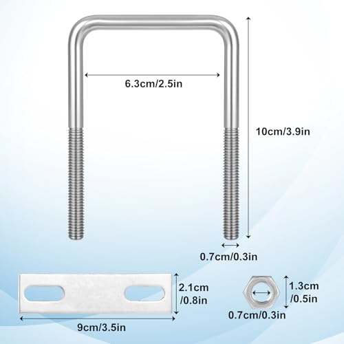 Image of 8 Pack Square U-Bolts, Stainless Steel U-Bolts with Frame Plates and Nuts, 2-1 /2 inch Inner Width 100mm Lengt, Square U Shaped Bolts for Automobiles Trailer, Ski Boat, Sailboat, Trailer