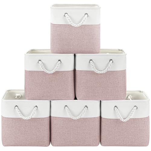 Patvingot 11 Inch Cube Storage Bins, 6 Pack Fabric Storage Cubes with Rope Handles, Organizer Baskets for Closet Shelves, Clothes and Home Organization(White/Pink)