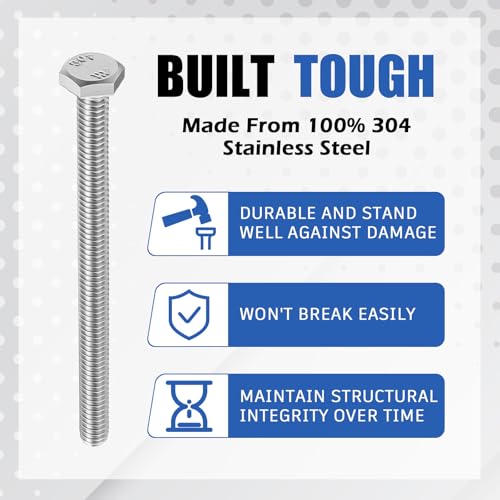 Image of Zonon 50 Pcs 1 /4-20 x 3-1 /2 inch Hex Head Screw Bolt 18-8 (304) Stainless Steel Hexagon Bolts, Fully Threaded, Plain Finish, External Hex Drive (Silver)