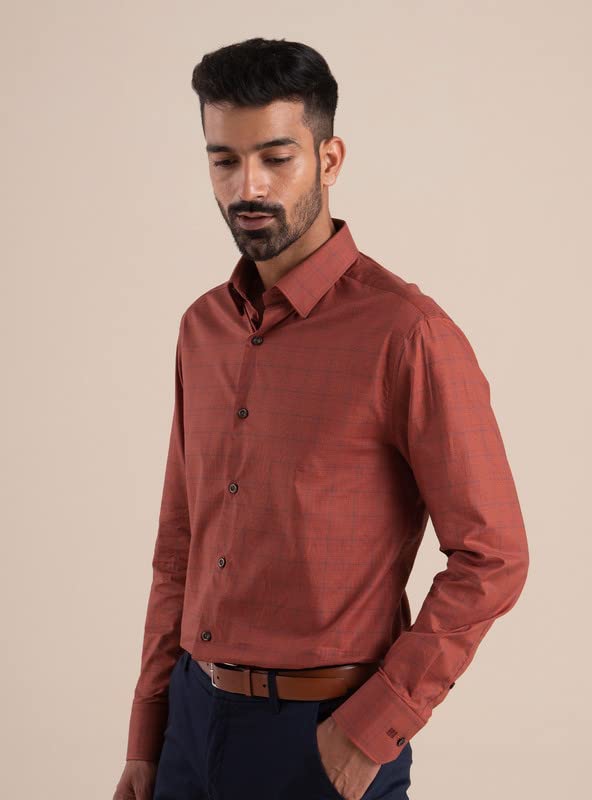 Image of Andamen Men's Cotton Regular Fit Full Sleeves Terracotta Grid Shirts