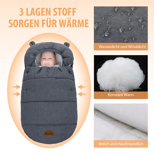 Baby Fußsack Winter für Babyschale Einschlagdecke Wasserdicht Universal Winterfußsack Babyfußsack aus Warmem Thermofleece für Kinderwagen und Buggy (Grau)