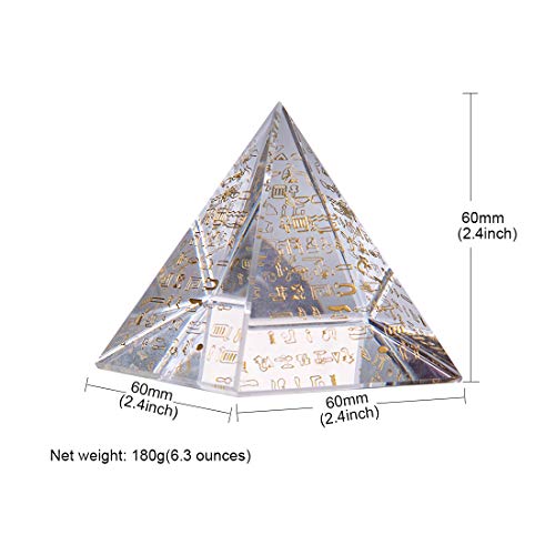 LONGWIN 60mm Crystal Pyramid Prism Collectible Figurine Glass Egyptian Pyramid with Gold Engraved Character Paperweight Desktop Home Decorative Ornaments