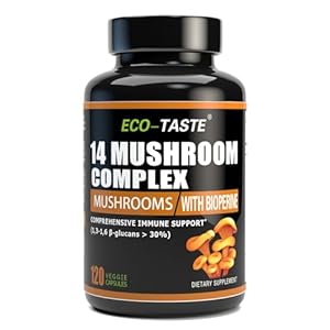 14 Mushrooms Supplement 120 Capsules – Immune System Booster & Nootropic Brain Supplement – with Lion’s Mane, Reishi, Maitake, Turkey Tail, Chaga Complex – Black Pepper for Absorption, 30% Beta-Glucan
