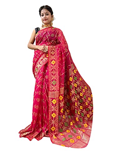 Sari Jamdani de algodón bengalí magenta de 5.5 metros para mujer sin blusa