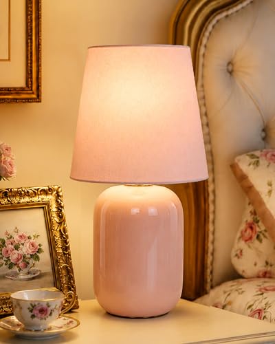 Image of Homesake Modern Small Ceramic Table Lamp, Classic Bedside Desk lamp for Living Room Bedroom, Farmhouse Nightstand Lamps with Pink Fabric Shade (Dovel Pink)