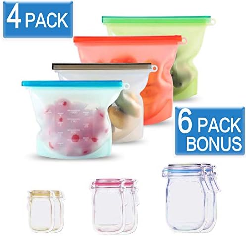 Reusable Silicone Food Storage Bags,Mason Jar Zipper Bags [10 Pack] Leakproof Ziplock Bags Food Saver Container Bags for Sandwich,Snack,Meat, Fruit and Vegetables