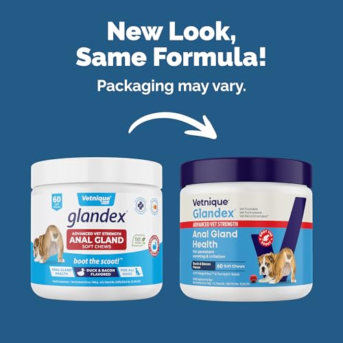 Image of Vetnique Glandex Anal Gland Soft Chew Treats with Pumpkin for Dogs Digestive Enzymes, Probiotics Fiber Supplement for Dogs Boot The Scoot (Advanced Strength Duck /Bacon, 60 Ct)