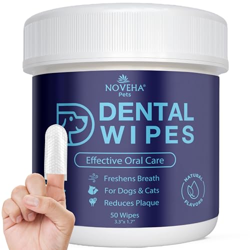 NOVEHA 50PCs Pets Dental Finger Wipes for Dogs & Cats | Freshens Breath Reduces Plaque | Healthier Gums | Clean Teeth No Toothbrush | Vet Recommended Effective Natural Oral Care | Flavor-Free