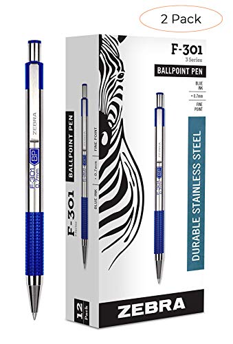 Zebra F-301 Ballpoint Stainless Steel Retractable Pen, Fine Point, 0.7mm, Blue Ink, 12-Count (Thr?? ???k)