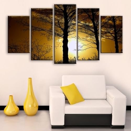 Tableau décoration murale 5 parties pour illuminer un salon sombre avec un coucher de soleil