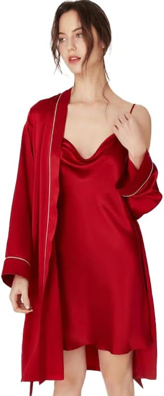 DAISYSILK Women Silk Nightgown and Robe Set Silk 2 Piece Sleepwear Spaghetti Strap Dress with Kimono Robe