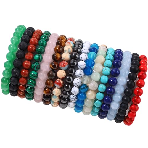 FIRAZIO 16PCS Semi-Precious Gemstone Bracelet - Crystal Stone Beaded Bracelets for Women Men 8mm Round Beaded Stretch Bracelets Unisex Yoga Bracelets Gifts (16Pcs)