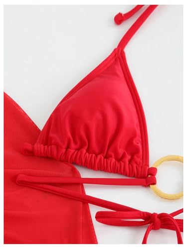 Verdusa Women's 3 Piece Halter String Bikini Set Metal Ring High Cut Swimsuit with Cover Up Skirt4