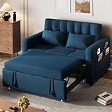 DWVO 3-in-1 Convertible Sofa Bed, 55' Sleeper Sofa with Pull-Out Bed, Cat-Scratch-Proof Fabric Futon Couch with Adjustable Backrest and Side Pocket, Loveseat for Living Room Apartment, Blue