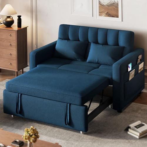 DWVO 3-in-1 Convertible Sofa Bed, 55" Sleeper Sofa with Pull-Out Bed, Cat-Scratch-Proof Fabric Futon Couch with Adjustable Backrest and Side Pocket, Loveseat for Living Room Apartment, Blue