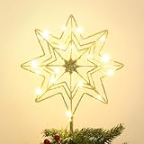 hogardeck Christmas Tree Topper, Glittered Gold 8-Pointed Star Tree Topper for Christmas Treetop, 20 LED Sparkling Tree Toppers for Christmas Tree Decorations