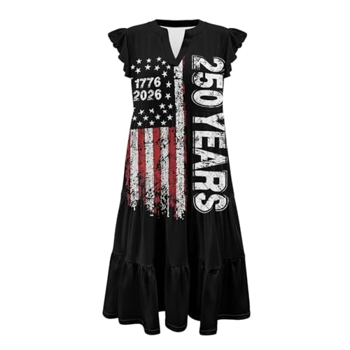 Image of Womens Summer Dress Ruffle Sleeve V Neck Dress Casual Fit Flowy Beach Vacation Sundress with Pocket S-2XL
