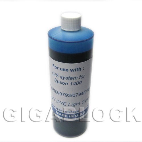 Gigablock UV Dye Based Bulk Pint(470ml) Light Cyan Refill Ink for CIS System Epson Stylus Photo 1400 and 1410 - Made in USA