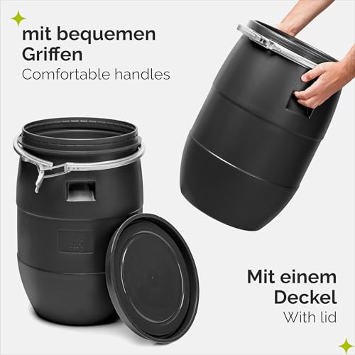 Garronda 60 Liter Deckelfass Weithalsfass aus HDPE Regenfass für Garten Fass 60l Wassertonne Futtertonne Wasserbehälter Universalfass Wasserfass Lebensmittelfass Wassertank GD-0078, Schwarz