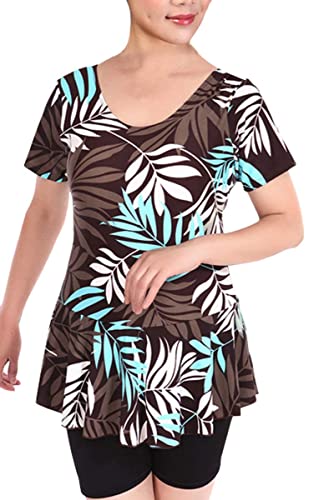 Women's One Piece Swim Dress Modest Swimsuit Floral Leaf Print Short Sleeve Swimwear3